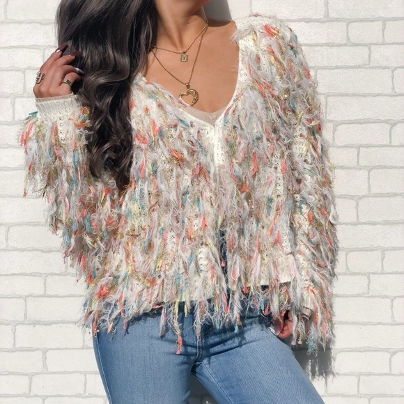 Impeccable Pig Ivory Cream Shaggy Funfetti Fringe Macramé Knit Cardigan Sweater - Picture 1 of 7